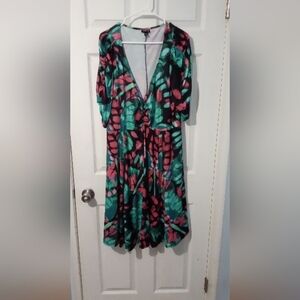 Torrid Pink and Green Wrap Midi Dress with Plunge Neckline